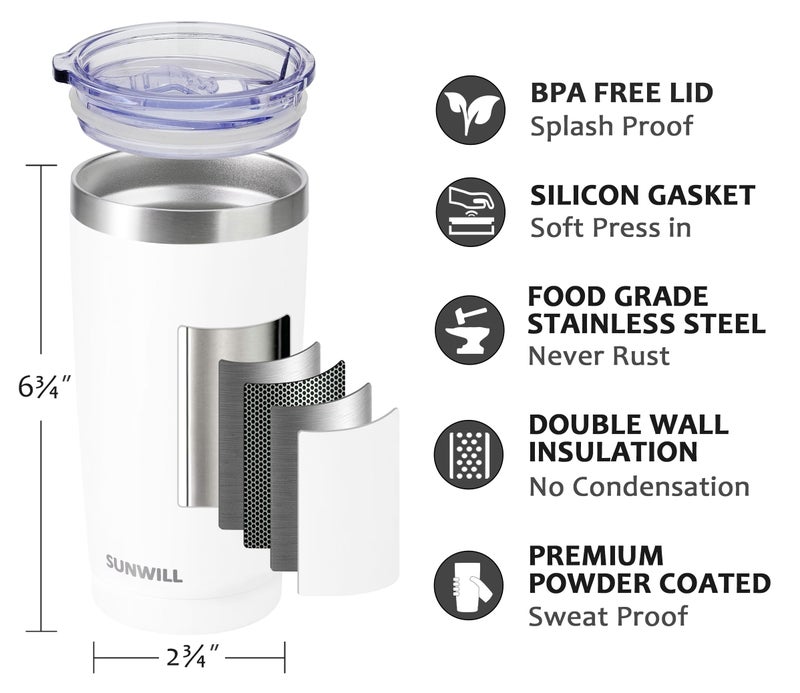 SUNWILL Travel Coffee Tumbler 20 oz, Insulated Mug with Lid, Stainless Steel Cup for Hot and Cold Drinks, Powder Coated White - Image 2